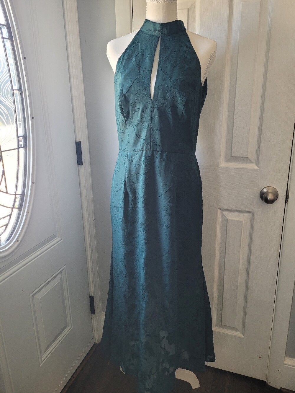 RIHOAS Forest Green Floral Jacquard Halter Floor Length Dress Size M NWT